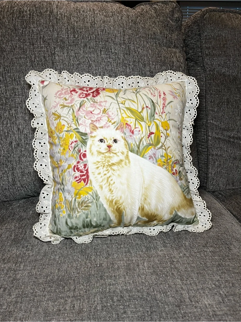 Vintage Floral Cat Pillow Throw Pillow with Eyelet Lace Ruffle Cottagecore Decor